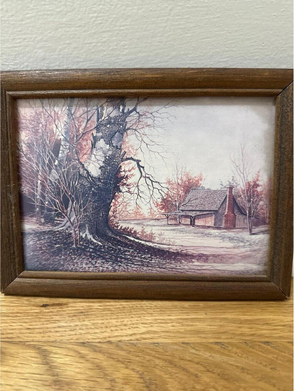 Vintage Wooden Framed Home Place Scene Print Rustic